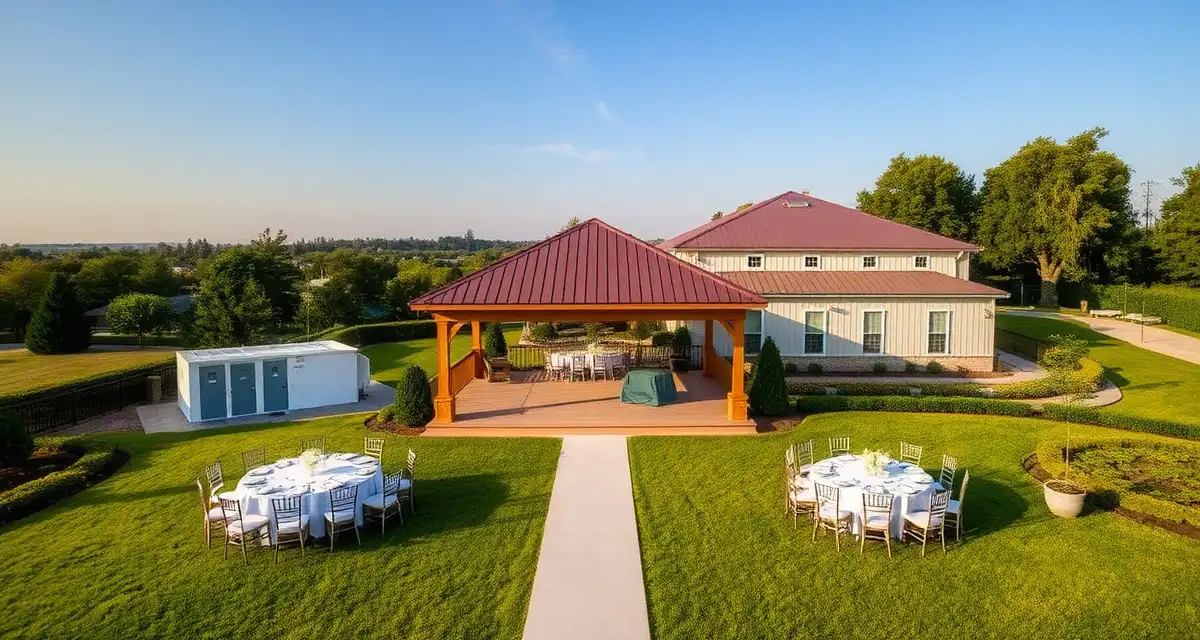 Wedding venue septic system and portable restroom setup Outdoor wedding pavilion venue showing permanent septic infrastructure and portable toilet coordination for summer event management
