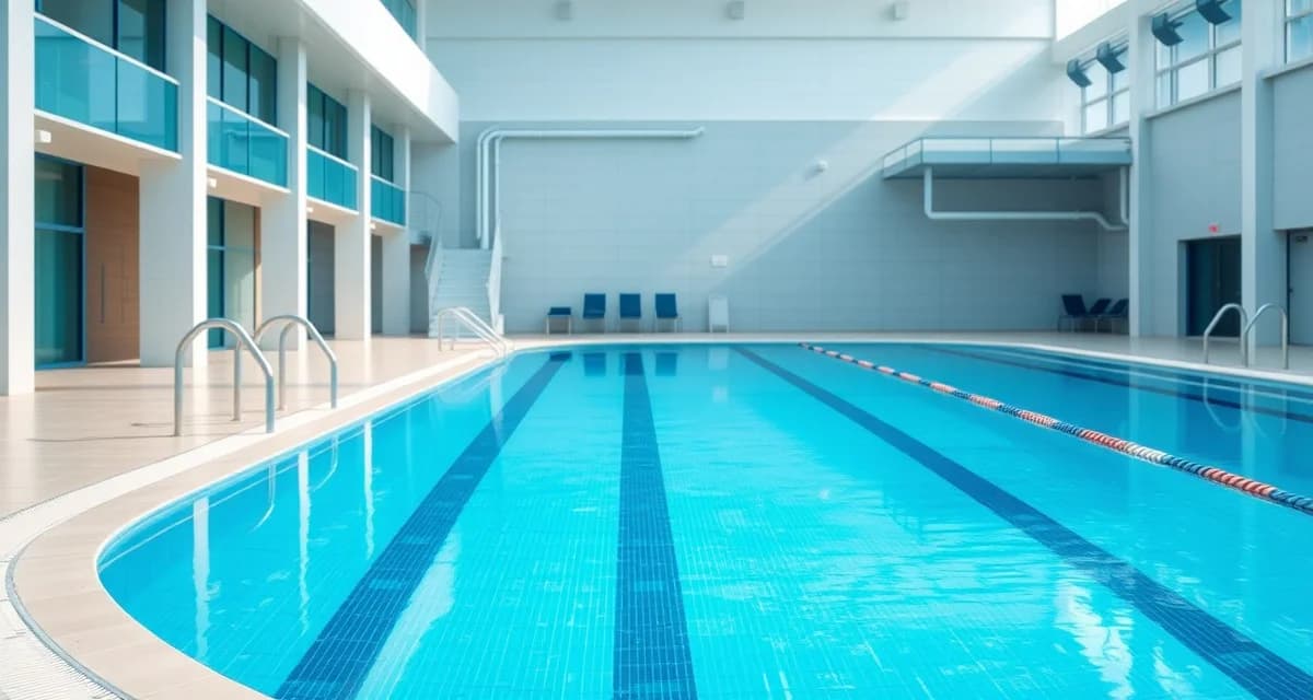 Public pool septic compliance and maintenance Modern public swimming pool facility with septic system service infrastructure for health department compliance and seasonal maintenance.