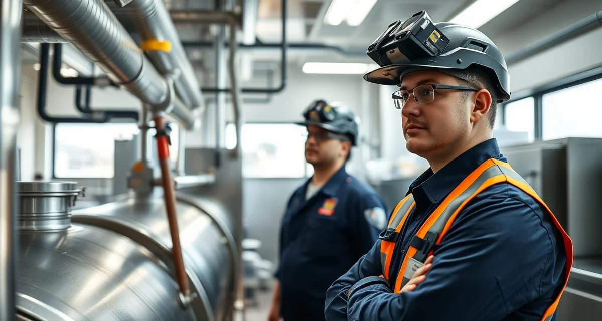Restaurant septic and grease trap maintenance inspection Professional technician inspecting a commercial grease trap system in a restaurant kitchen septic service facility.