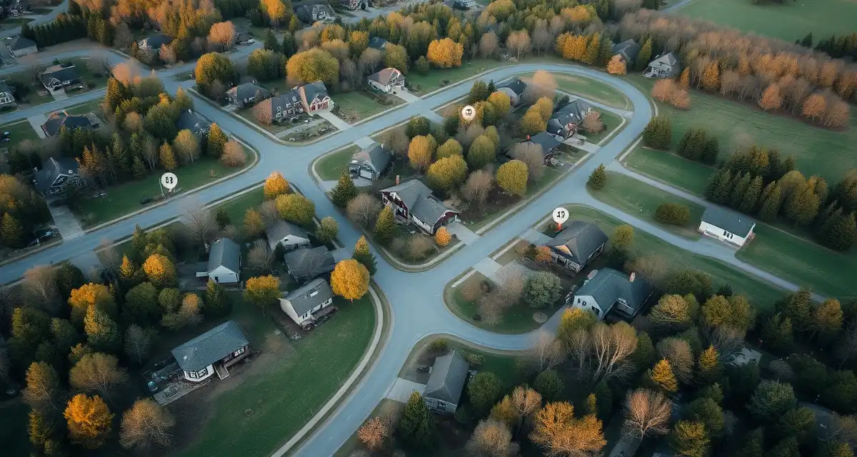 Septic system management across rural subdivisions Aerial view of rural subdivision showing distributed septic systems requiring individual tracking and management for optimal service.