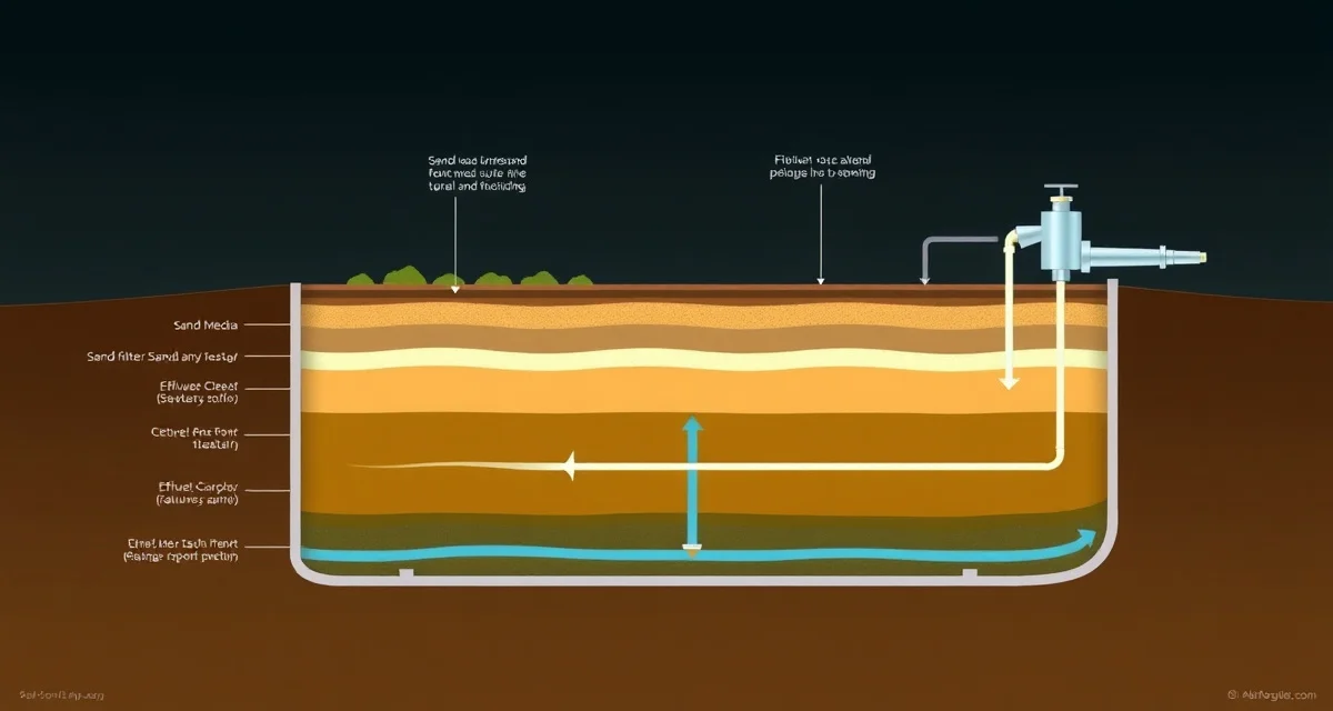 Sand filter septic system treatment diagram Cross-section diagram of a sand filter septic system showing effluent treatment layers and dispersal process in sensitive areas.