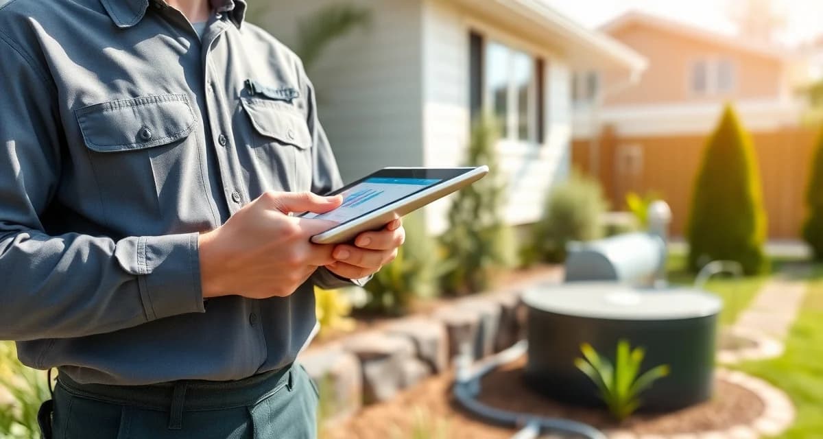 Digital marketing solutions for septic service businesses Septic service technician using digital tools for septic system inspection and marketing management