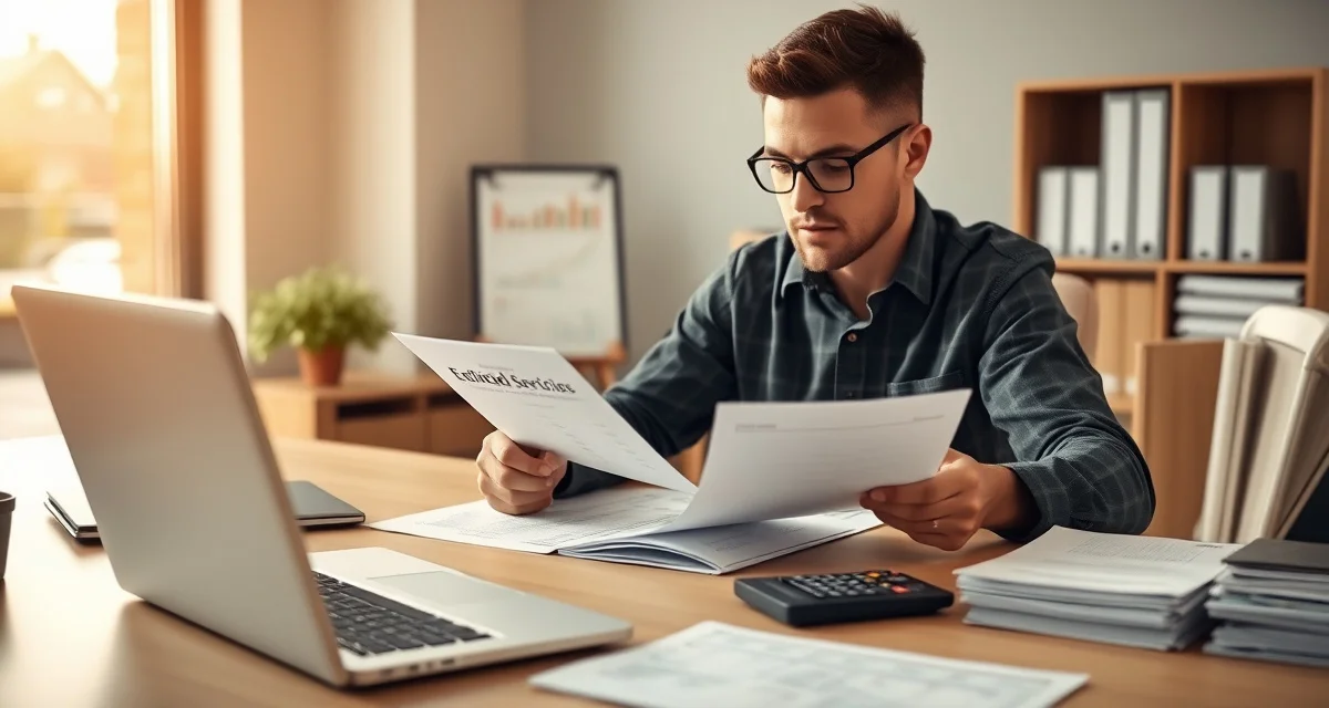 Professional bookkeeping practices for septic service businesses Septic company owner organizing financial records and bookkeeping documents for proper business accounting and tax preparation.