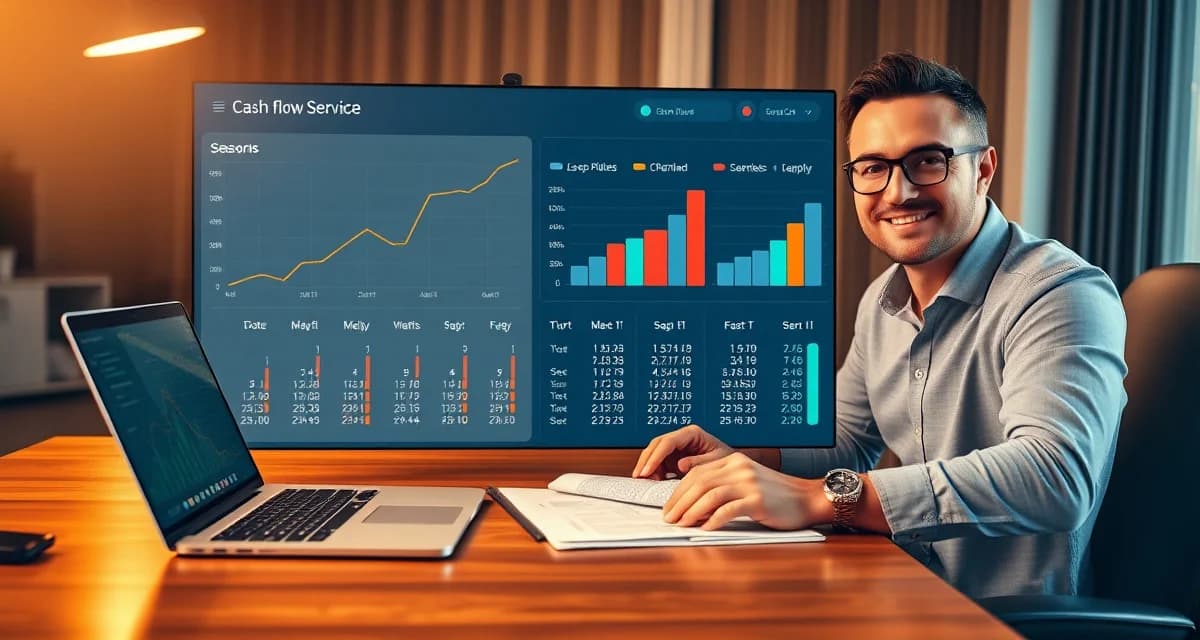 Cash flow management strategy for septic service businesses Septic company owner analyzing monthly cash flow trends and seasonal revenue patterns on financial dashboard