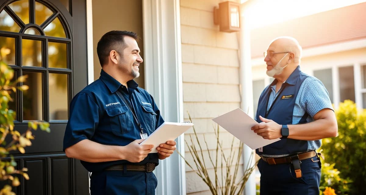 Professional customer communication in septic service industry Septic technician communicating professionally with customer during service appointment at residential home