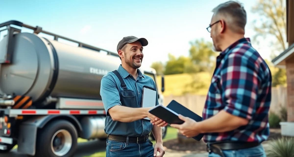 First Visit Customer Relationship Building Septic company technician beginning new customer onboarding process with homeowner consultation and system inspection