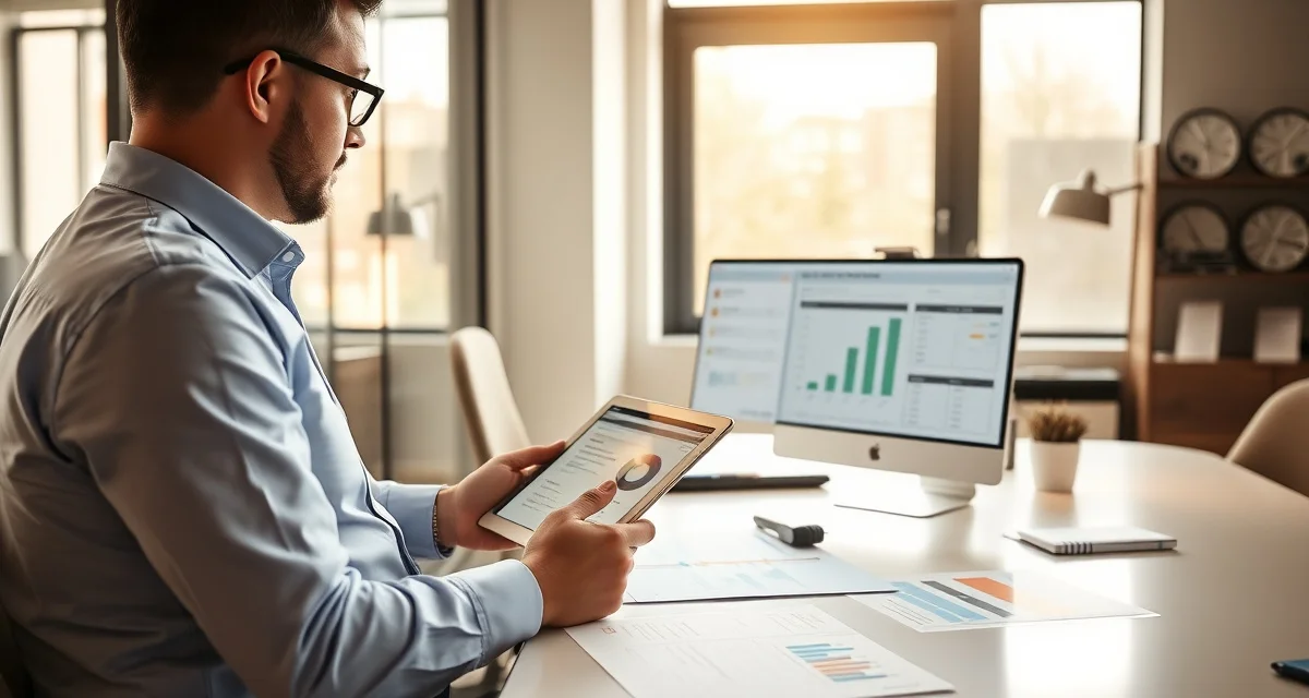 Customer feedback analysis for septic service businesses Septic company manager analyzing customer survey feedback data on tablet to improve service quality