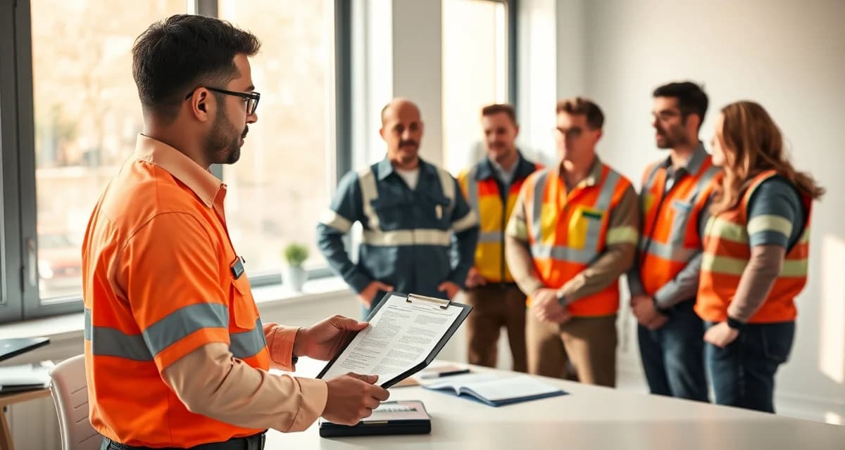 Professional septic industry HR documentation and team training Septic company supervisor reviewing employee handbook policies with field staff team members in office environment