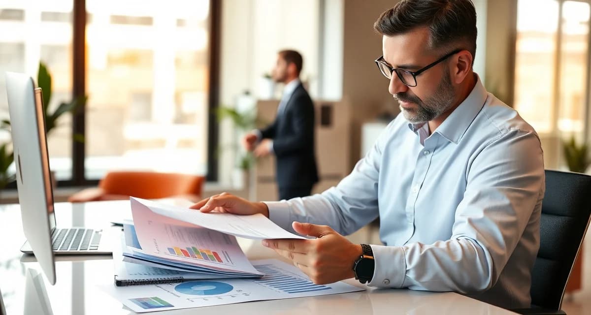 Maximizing septic business valuation before sale Business professional reviewing septic company financial records and exit strategy documentation to maximize sale value