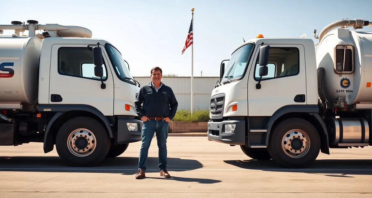 Fleet Expansion Planning for Septic Services Septic company owner with two service trucks representing successful fleet expansion strategy and growth management.
