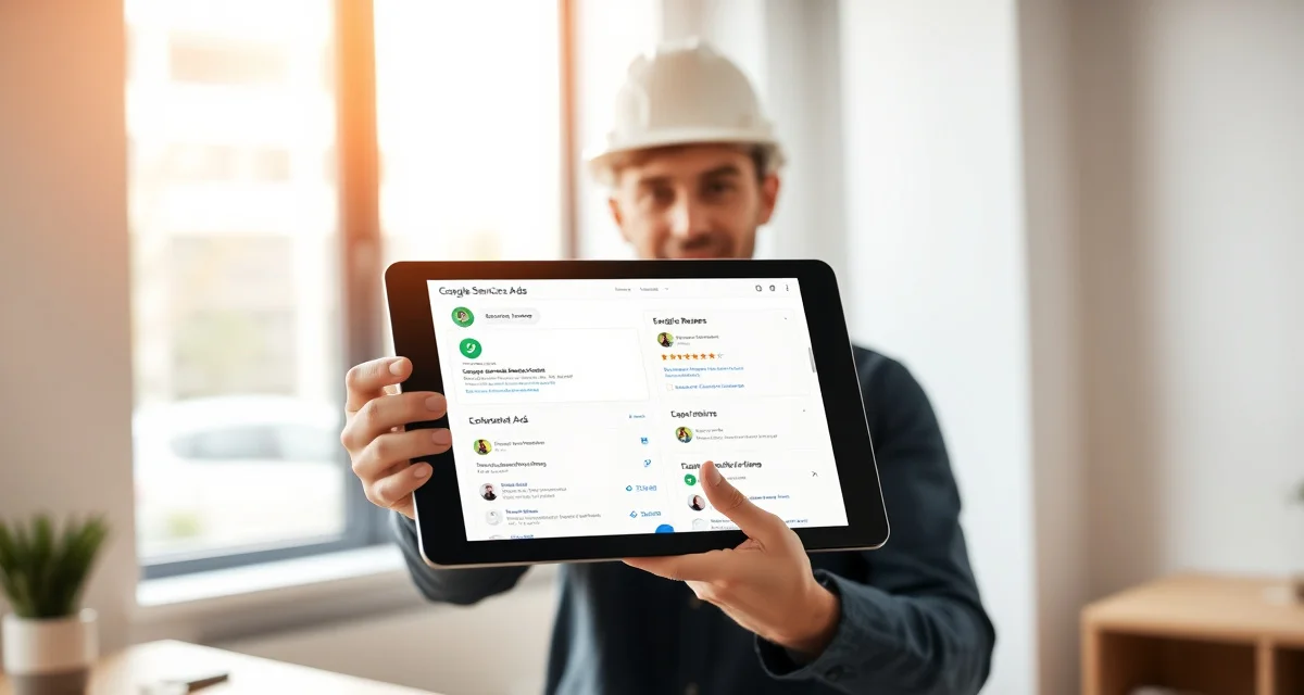 LSA Dashboard Setup for Septic Services Septic company owner managing Google Local Services Ads profile with verified green badge and customer reviews displayed on dashboard
