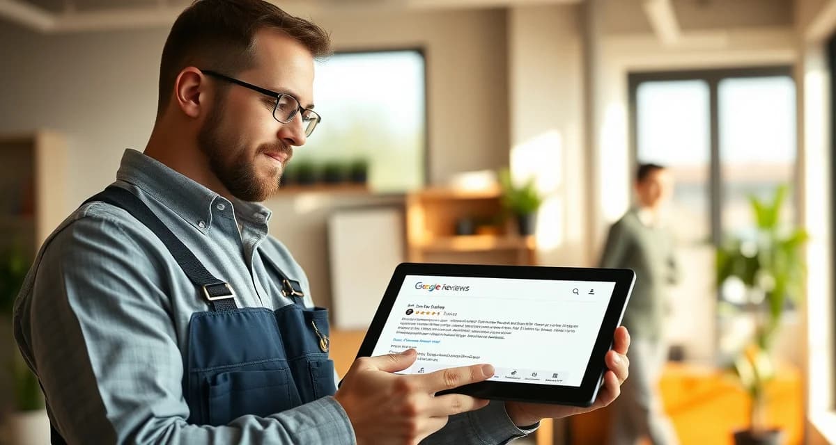 Google Reviews Management for Septic Services Septic service professional managing Google reviews strategy on tablet to generate leads for septic company business