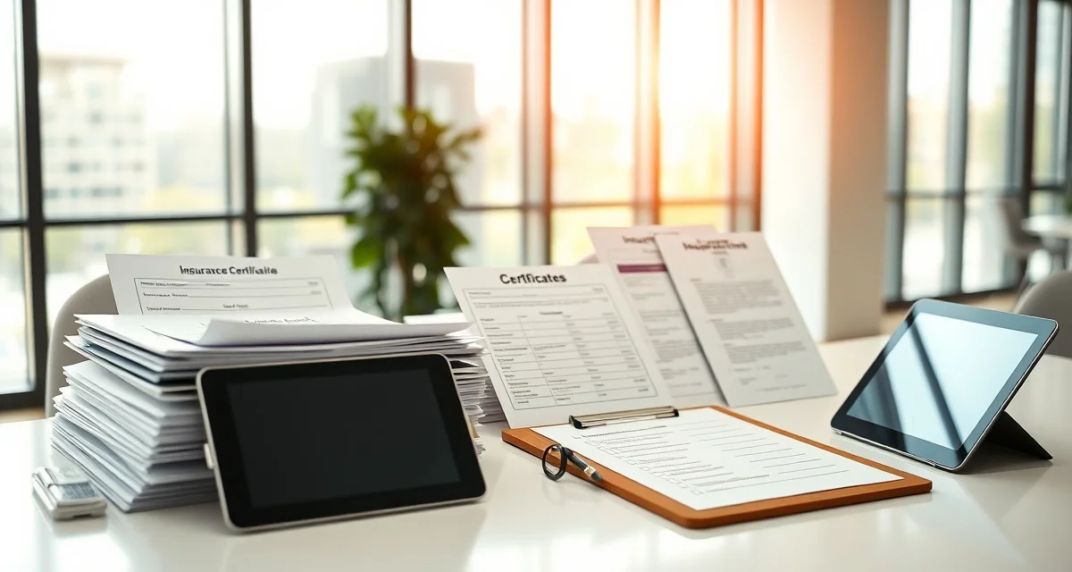 Insurance documentation organization for septic service companies Organized septic company insurance documentation with certificates, folders, and digital management system on desk