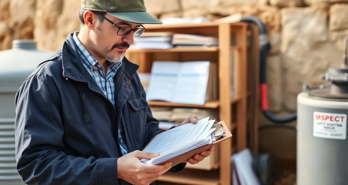 Professional septic system documentation and liability management Septic company inspector reviewing detailed job documentation and liability protection records with organized filing system