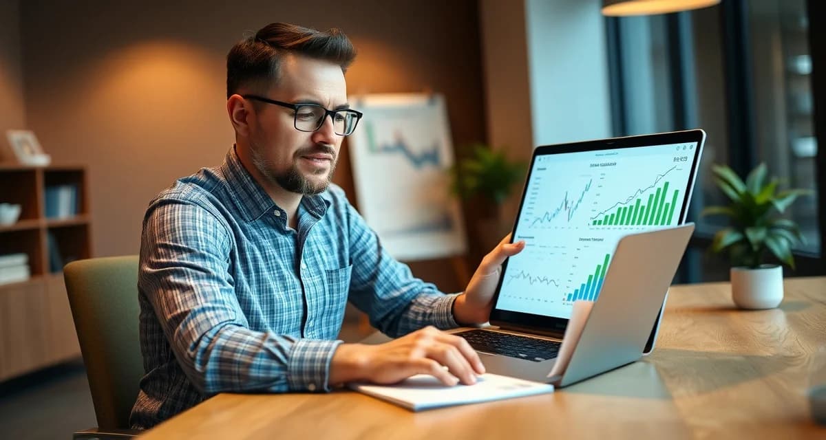 Marketing budget planning for septic service businesses Septic company owner analyzing marketing budget allocation and ROI metrics on computer dashboard for growth planning