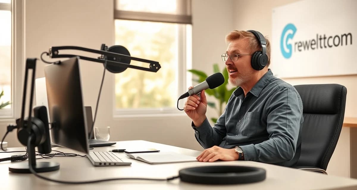 Building authority through septic industry podcasting Septic company owner recording podcast episode with professional microphone and equipment in modern home studio setup