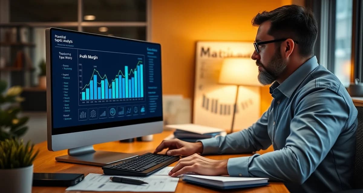 Financial performance analysis for septic service businesses Septic company owner analyzing profit margin data and financial performance metrics on computer screen