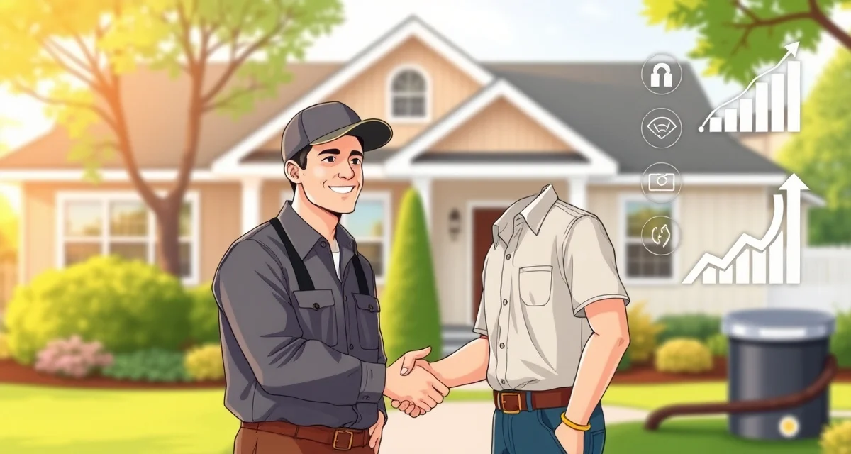 Building trust through septic customer referrals Septic company referral program showing technician and customer handshake with growth indicators representing customer acquisition strategy.