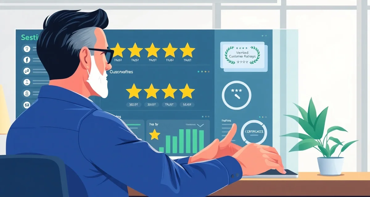 Social proof strategy for septic service companies Septic company owner building customer trust through positive online reviews and social proof credentials displayed on digital dashboard