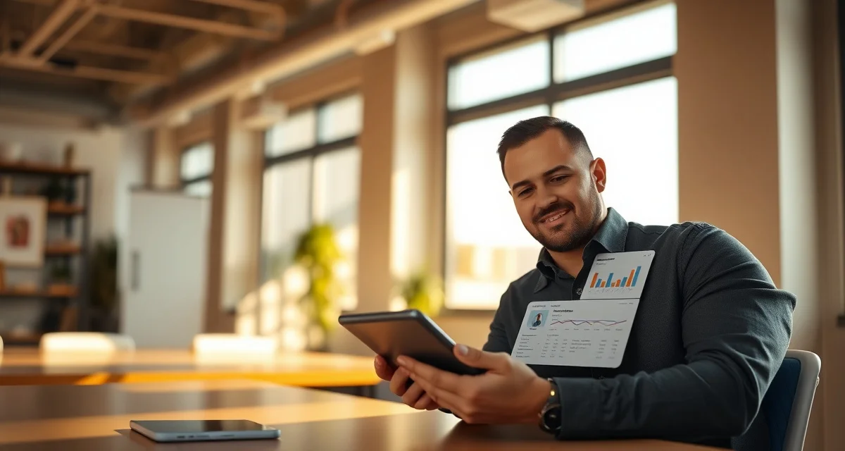 Local septic business social media growth strategy Septic company owner analyzing social media strategy performance metrics on digital devices in professional office setting