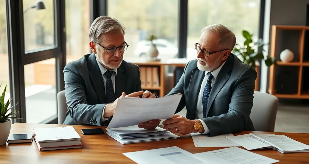Succession planning preparation for septic system business owners Septic company owner reviewing succession planning documents and business records with an advisor in a professional office setting.