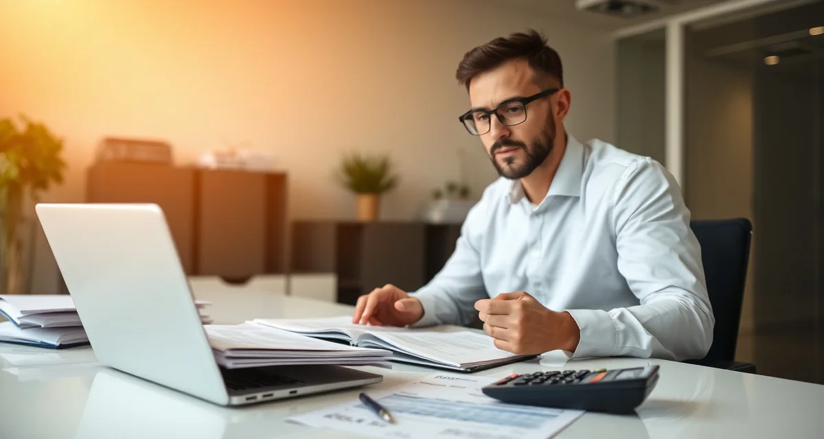 Tax deduction documentation for septic system business owners Septic company owner reviewing business tax deductions and financial documents at desk with laptop and calculator