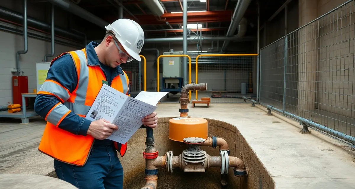 DJJ Septic Compliance Inspection Process Septic system inspection at a correctional boot camp facility with technician reviewing compliance documentation and equipment maintenance records.