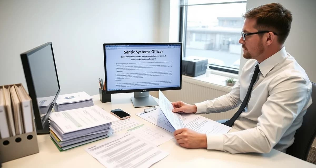 State septic system compliance requirements overview Septic compliance officer reviewing state-by-state regulatory requirements and inspection standards documentation