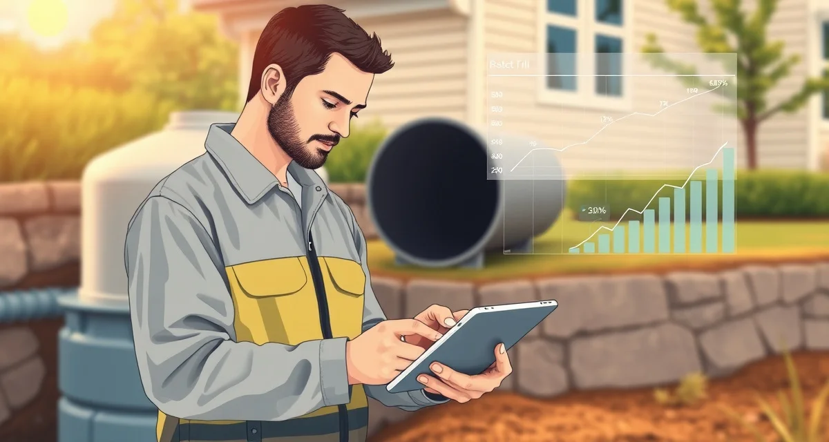 CLV analysis for septic service companies Septic service professional analyzing customer lifetime value metrics and retention data for septic pumping business growth