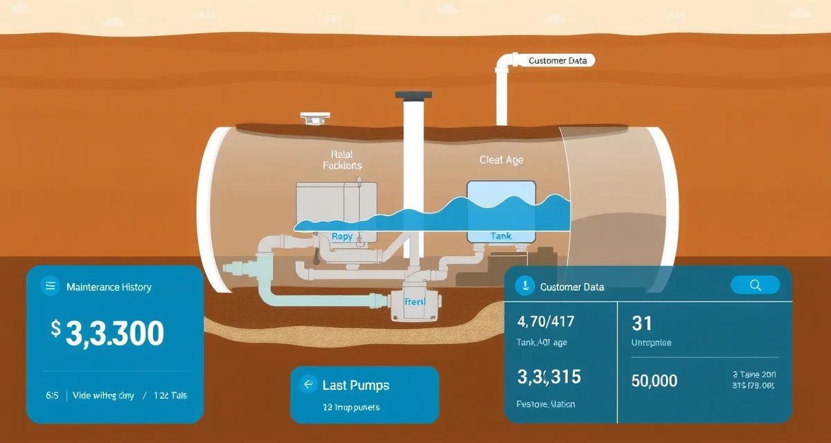 Complete septic tank customer record system Septic customer management software dashboard showing detailed tank records, maintenance history, and system specifications for accurate service tracking.
