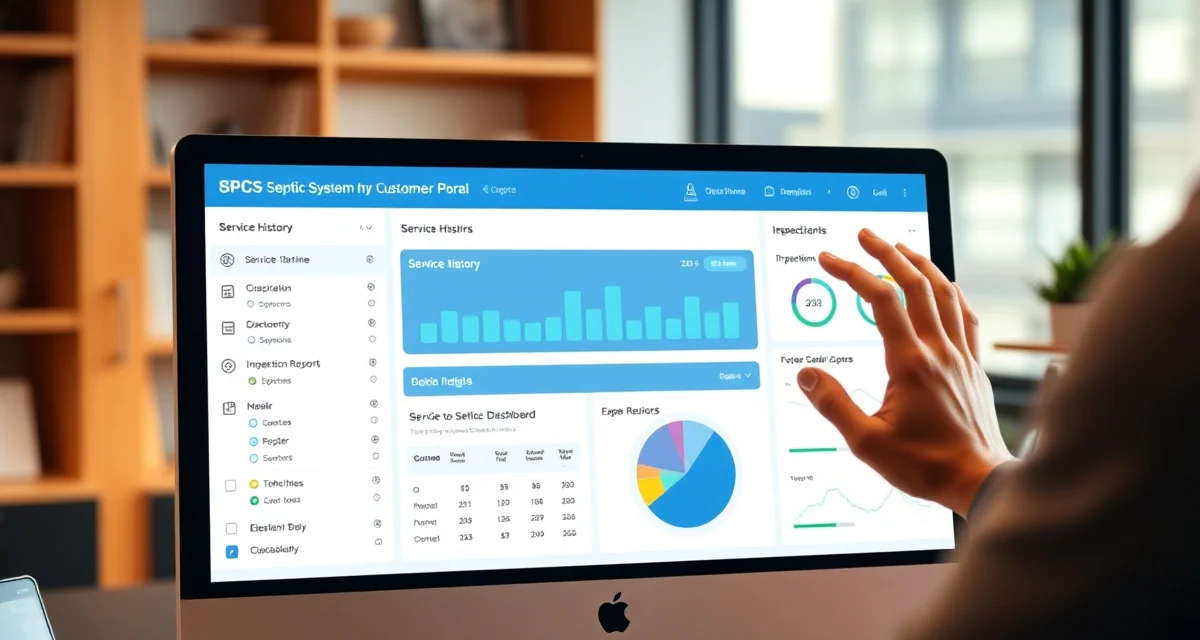 Online portal for septic service tracking Septic customer portal software dashboard displaying service history, inspection reports, and appointment scheduling interface for septic system management.