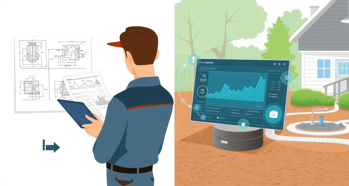 Digital integration of septic design documentation with service management Septic system technician accessing integrated design and service records software on mobile device at job site