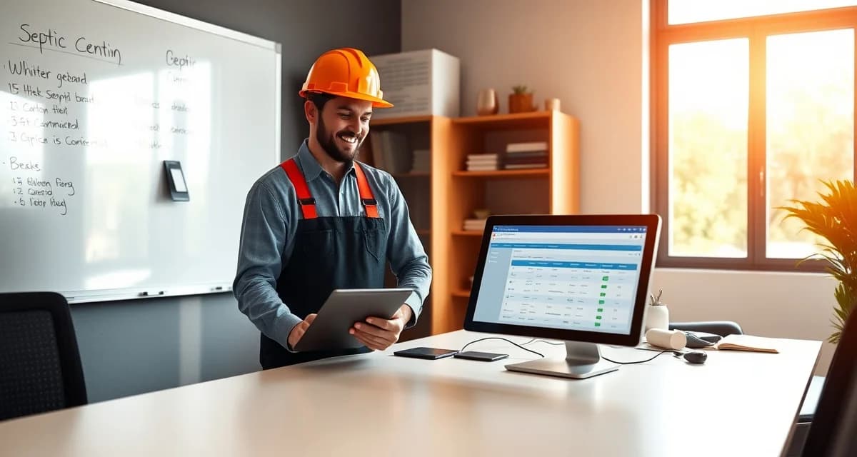 Digital dispatch board replacement for septic service companies Septic company technician using digital dispatch software on tablet instead of traditional whiteboard scheduling system