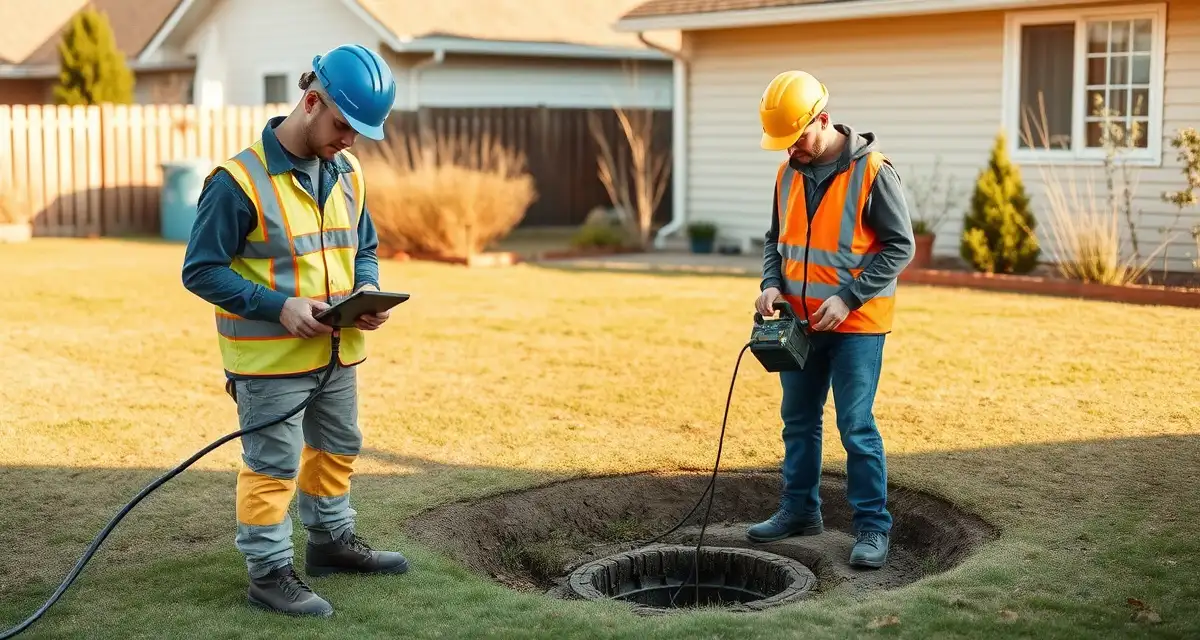Professional drainfield failure diagnosis and documentation Septic technician performing drainfield failure inspection and assessment during emergency service call at residential property