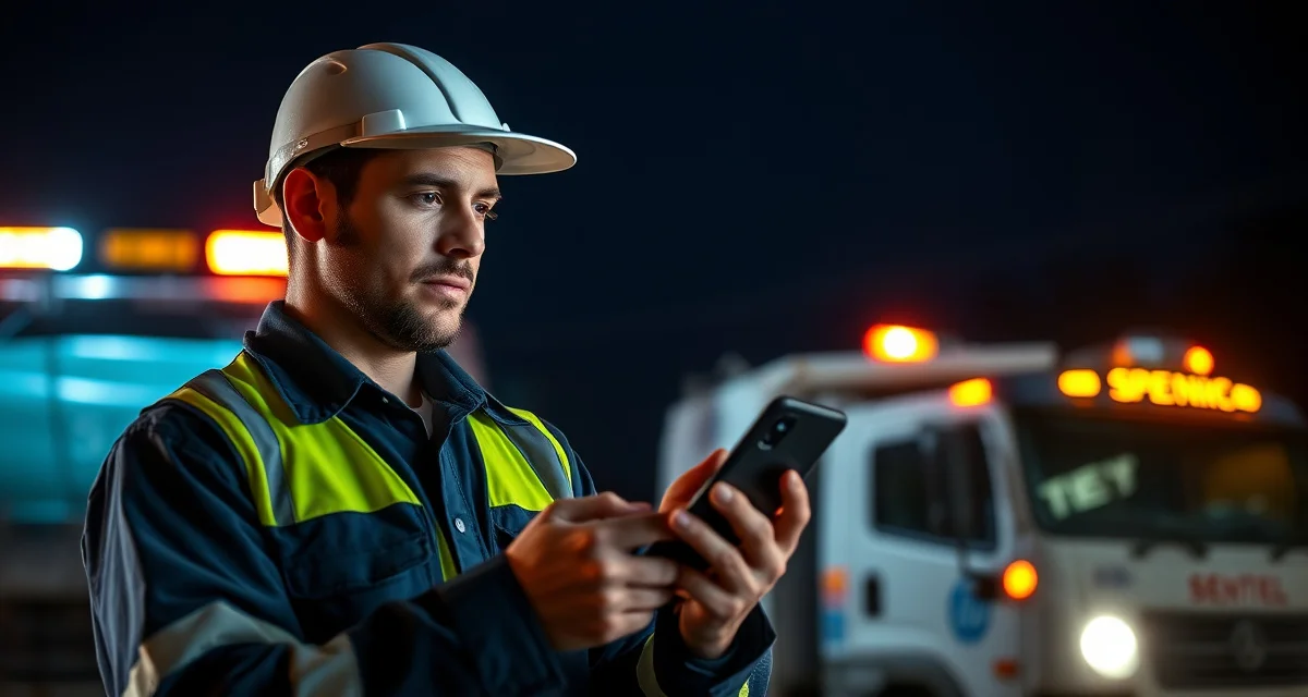 Emergency septic service response management Septic technician responding to after-hours emergency service call with mobile phone and truck dispatch system at night
