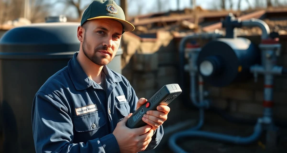 Emergency septic call pricing analysis Septic technician performing emergency septic system inspection with professional diagnostic tools and equipment