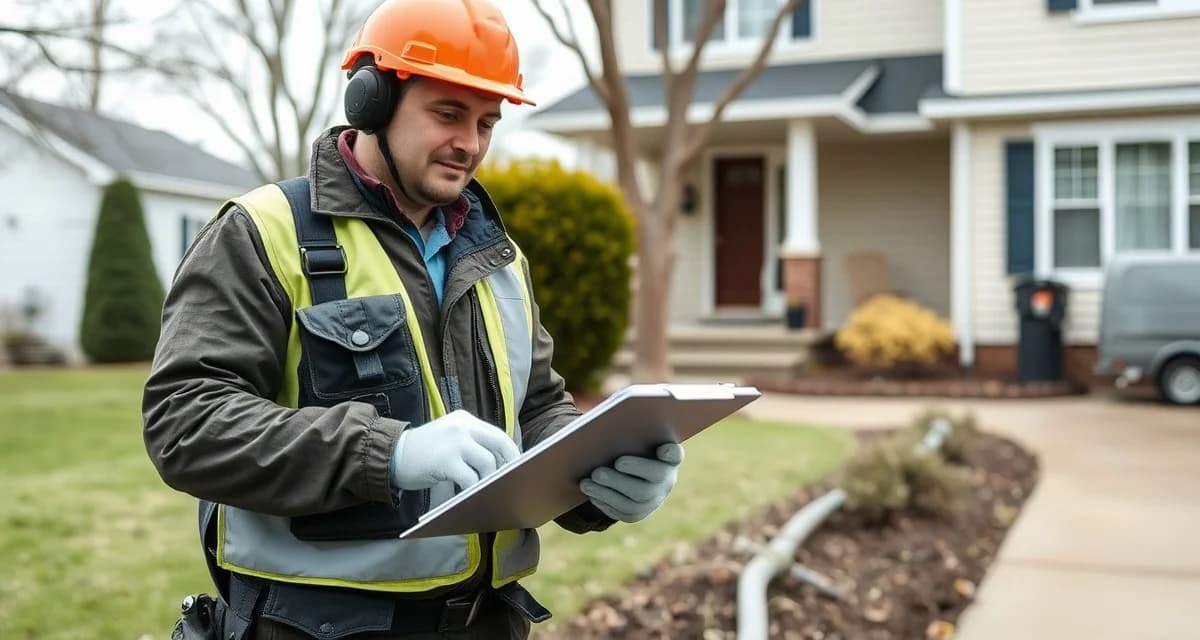 Emergency septic system inspection documentation Septic system emergency response technician documenting on-site failure inspection with professional equipment and safety gear