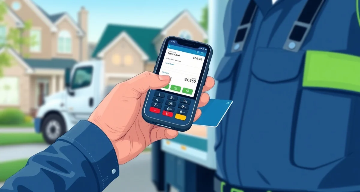 Digital payment collection at septic service job site Mobile payment processing software allowing septic technicians to collect payments instantly in the field using a digital payment terminal.