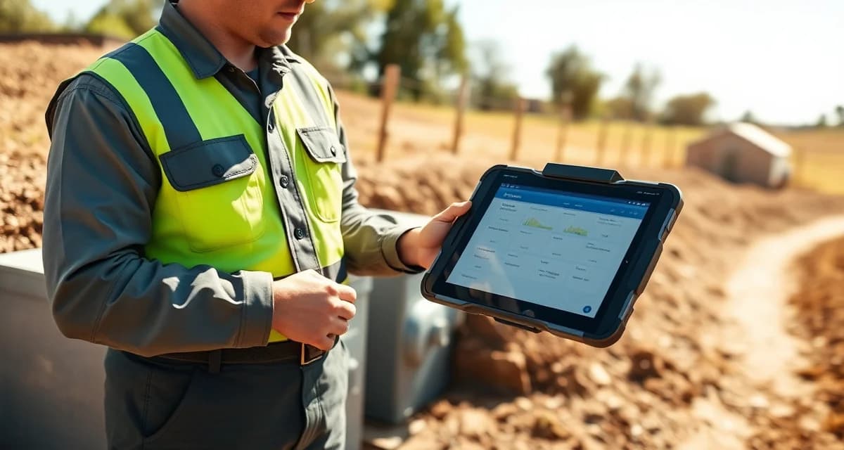 Field workforce technology for septic companies Septic service technician using mobile workforce management technology on rugged tablet device in field.