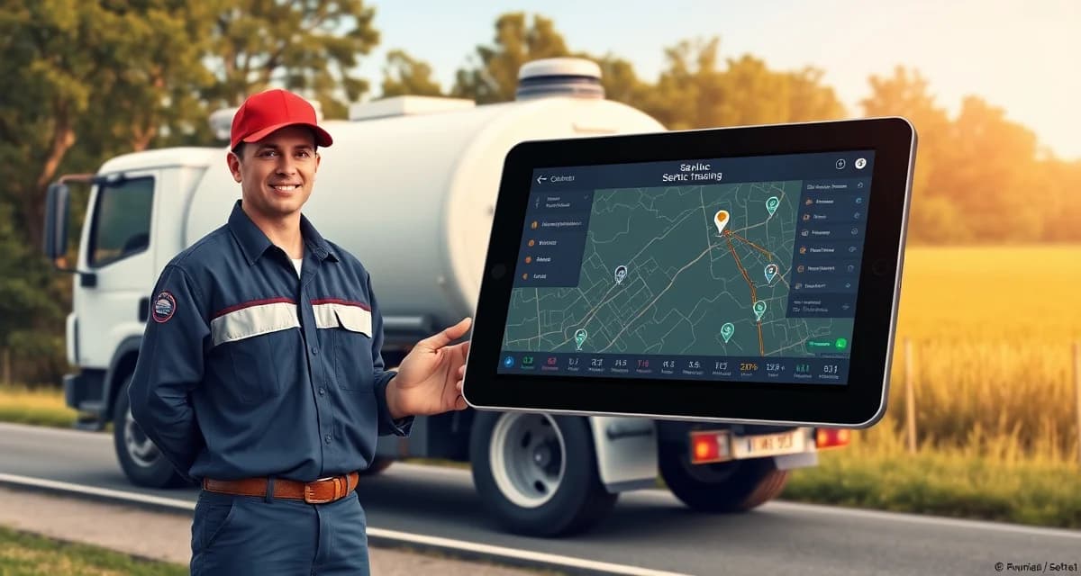 Real-time fleet tracking for septic service operations Septic service technician using GPS fleet tracking system on tablet to optimize truck routing and emergency response times.