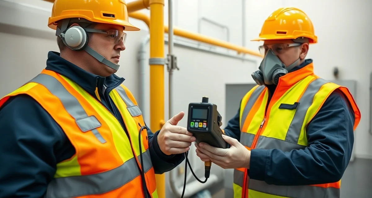 H2S gas monitoring safety equipment for septic system inspection Septic service technician using hydrogen sulfide gas monitor for safe confined space entry and hazard detection