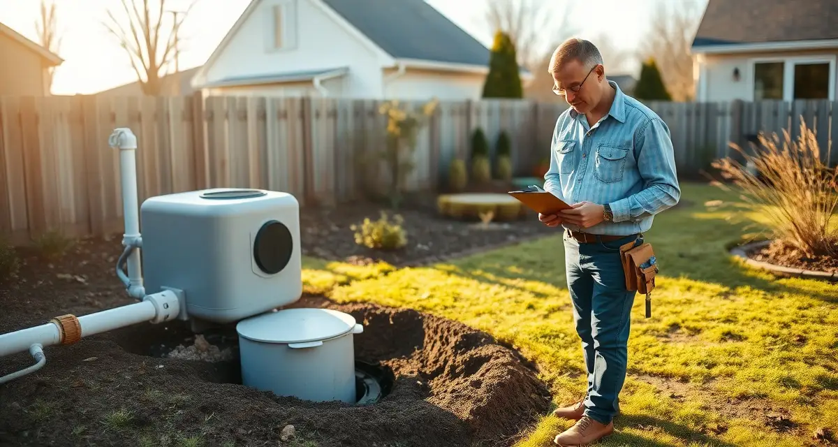 Septic inspection service professional conducting property assessment Professional septic inspector performing a detailed septic system inspection on a residential property with clipboard in hand.