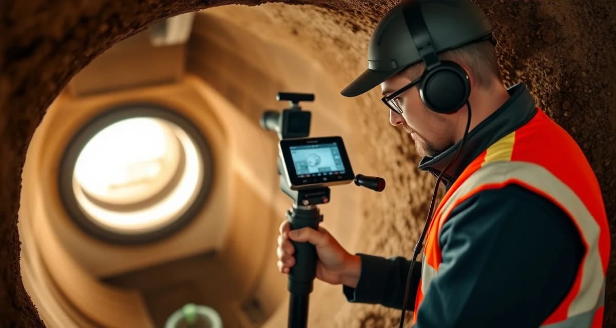 Advanced septic inspection equipment in use Professional septic system inspection technician using camera equipment and probing tools to conduct accurate tank inspection with modern diagnostic technology