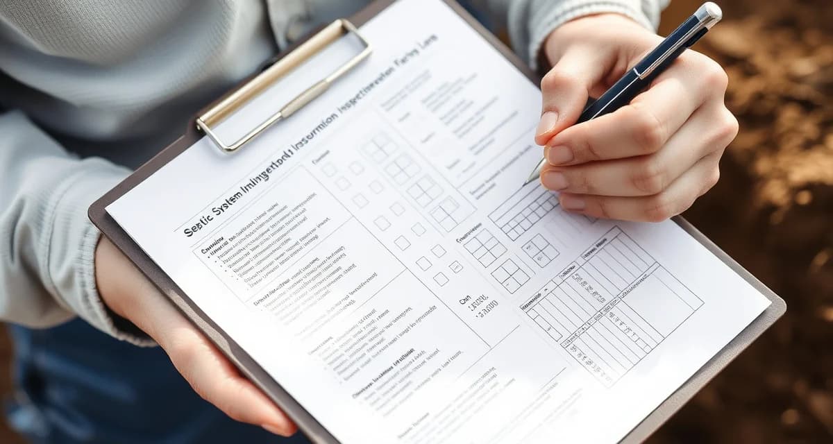 Professional septic inspection documentation process Inspector documenting septic system inspection findings on structured condition report form with organized notes and checkboxes