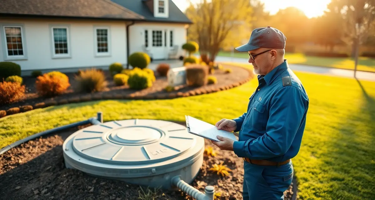 Estate septic system inspection process Professional septic inspector conducting thorough inspection of septic system for estate sale property evaluation and documentation
