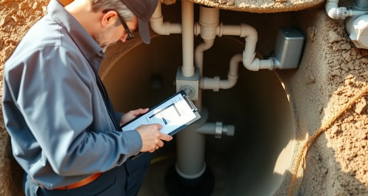 Septic system inspection process for house flippers Professional septic inspection for flipped houses showing technician evaluating system components and documentation