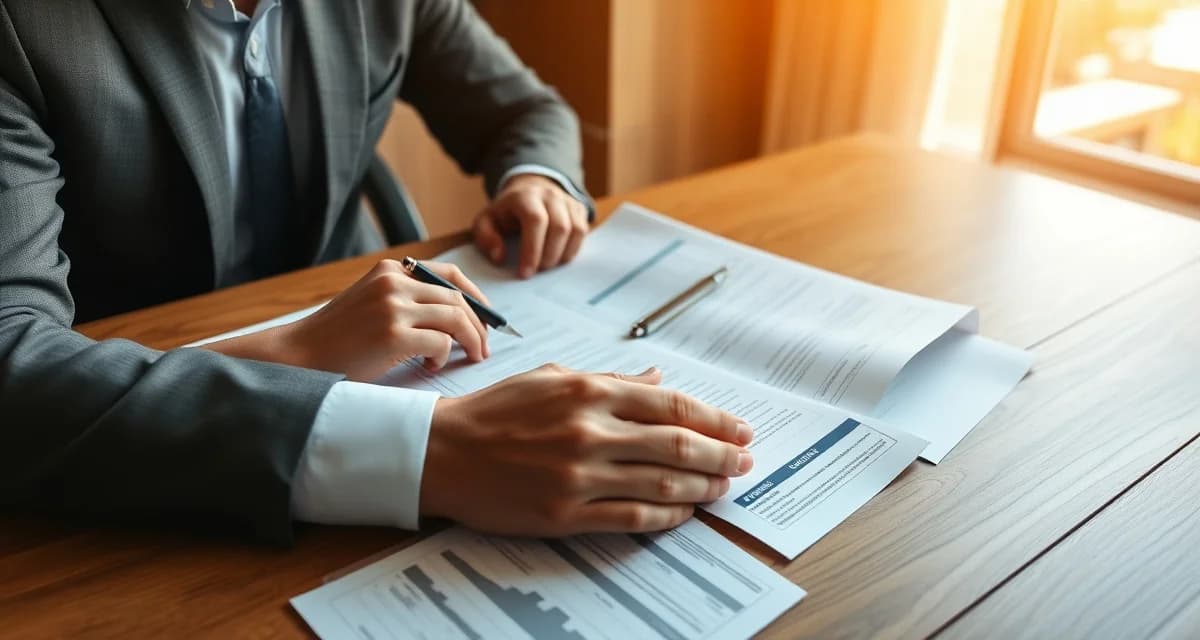 Lender reviewing septic inspection requirements documentation Bank lender reviewing septic inspection report documentation at closing meeting with organized compliance paperwork