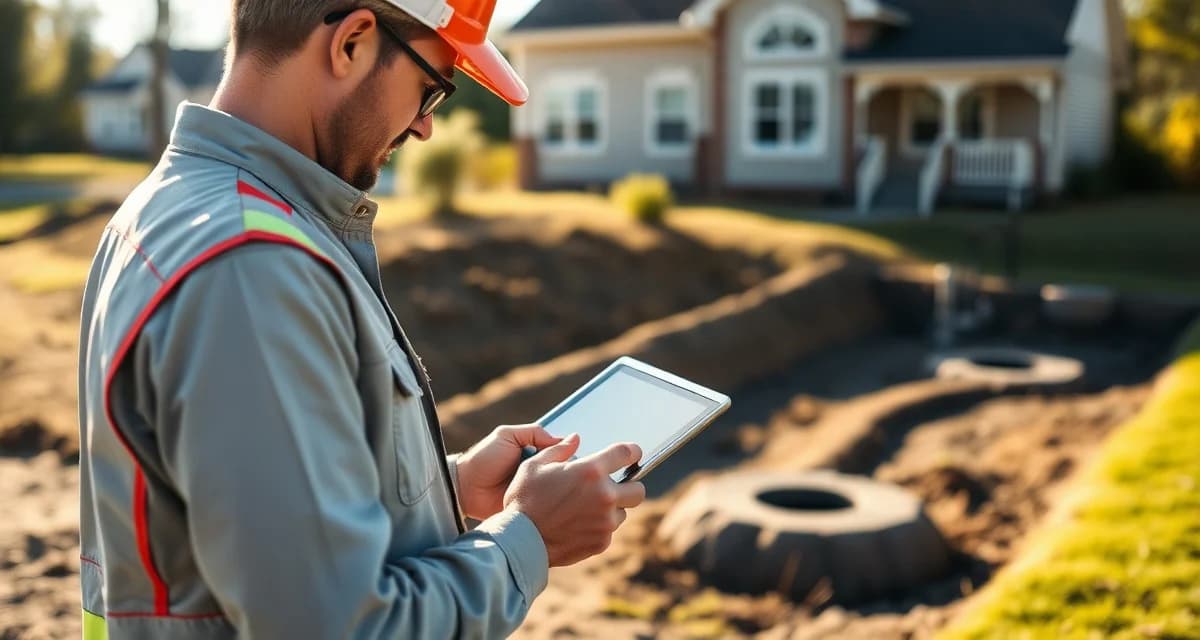 Mobile septic inspection report completion in the field Inspector completing septic inspection reports on mobile tablet device while working in the field near a septic system site.