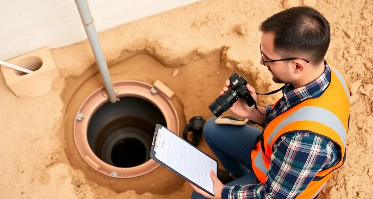 Professional photo documentation process for septic inspections Septic system inspector taking photographs during inspection for professional documentation and record keeping