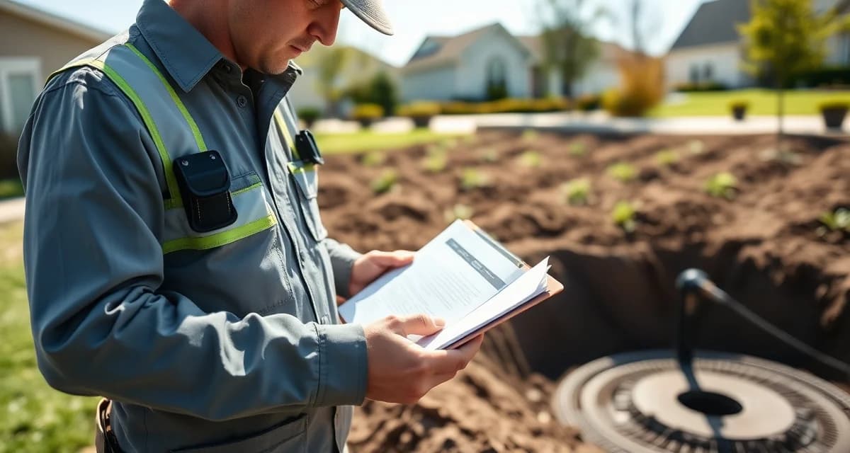 Professional septic inspection service pricing Septic system inspector performing professional inspection of septic tank with clipboard and equipment